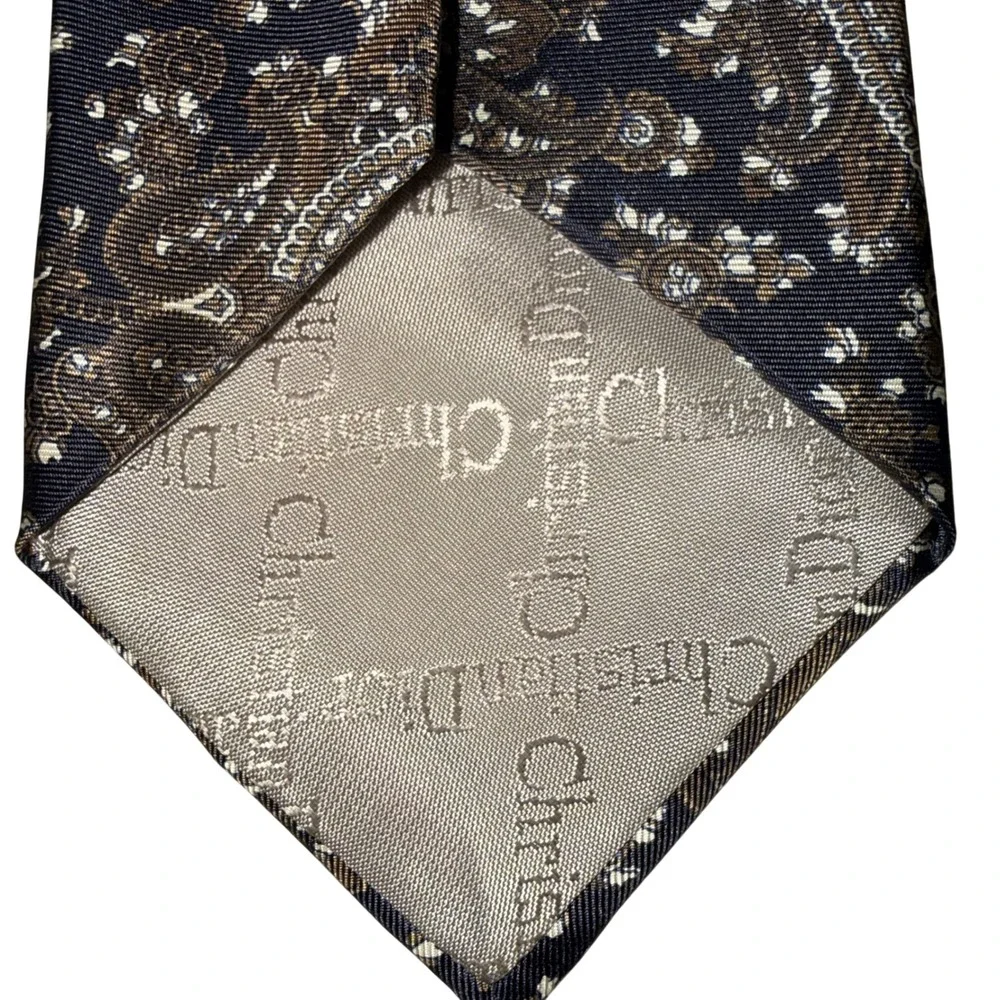 Christian Dior Silk Tie OS Navy Brown Paisley Floral Italian Fabric Made‎ in USA